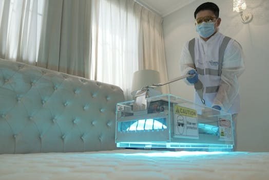 Technician sanitizing hotel room bed with UV light for safe and clean environment.